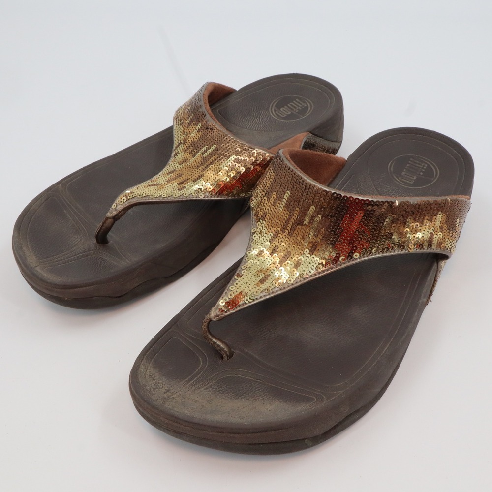 FitFlop Sequin Thong Sandals Womens 10 Brown‎ Gold Microwobbleboard Wedge